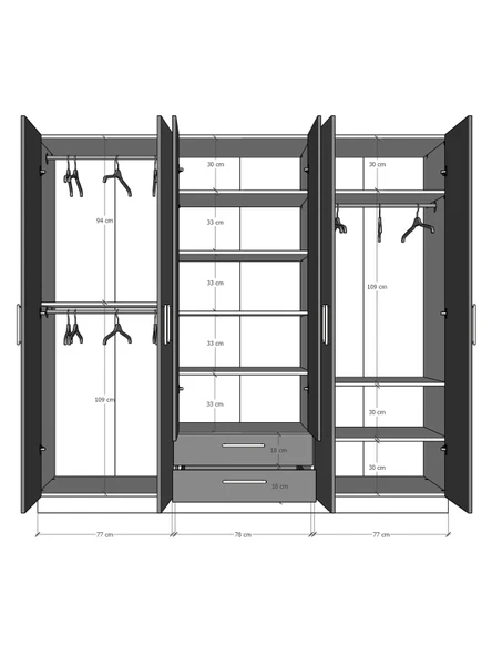6 Kapaklı Gardırop 240cm  SAFİR MEŞE - Resim 4