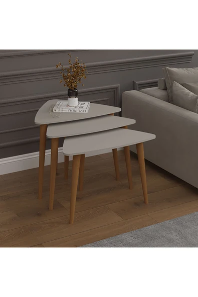 3’lü ÜÇGEN ZİGON SEHPA AHŞAP AYAKLI  KÜL GRİ - Resim 3