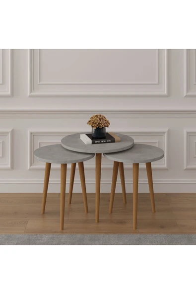 3’lü YUVARLAK ZİGON SEHPA AHŞAP AYAKLI  RETRO GRİ ürün görseli