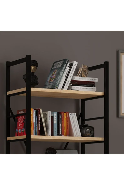6 RAFLI METAL KİTAPLIK TEK MODÜL  Safir Meşe - Resim 2