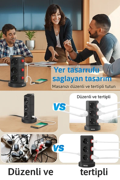Dikey Kule Tipi Çoklu Priz  12 Priz Girişi, 3 USB Çıkışı, Anahtarlı, Güvenlik Korumalı - 4
