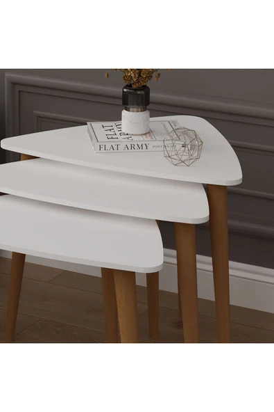 3’lü ÜÇGEN ZİGON SEHPA AHŞAP AYAKLI  BEYAZ - Resim 5