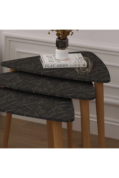 3’lü ÜÇGEN ZİGON SEHPA AHŞAP AYAKLI  ROYAL MERMER - Resim 4