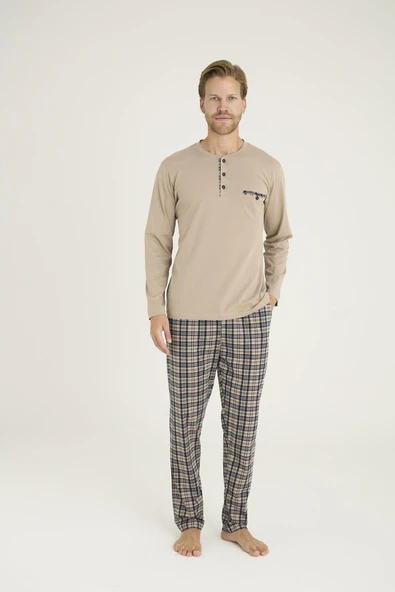 Kly 9223 Erkek %100 Pamuklu 4 Mevsim Kumaş Ekoseli Uzun Kollu Pijama Takım - 1