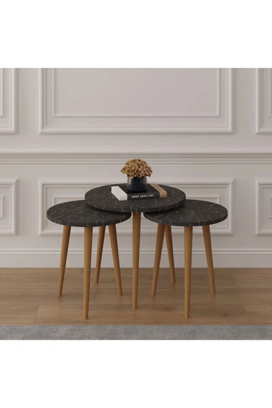 3’lü YUVARLAK ZİGON SEHPA AHŞAP AYAKLI  ROYAL MERMER ürün görseli