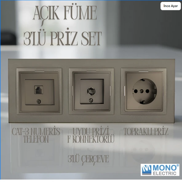 3'lü Set - Topraklı Priz, F Konnektör , Nümeris Cat3 Telefon Priz Set - Resim 3