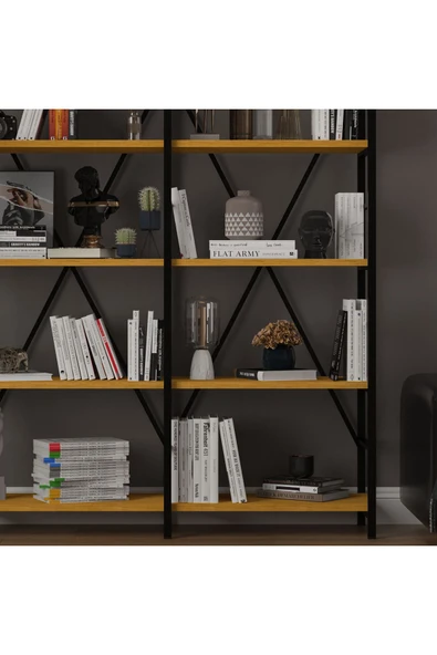 6 RAFLI METAL KİTAPLIK İKİ MODÜL  Afrika Ceviz - Resim 4