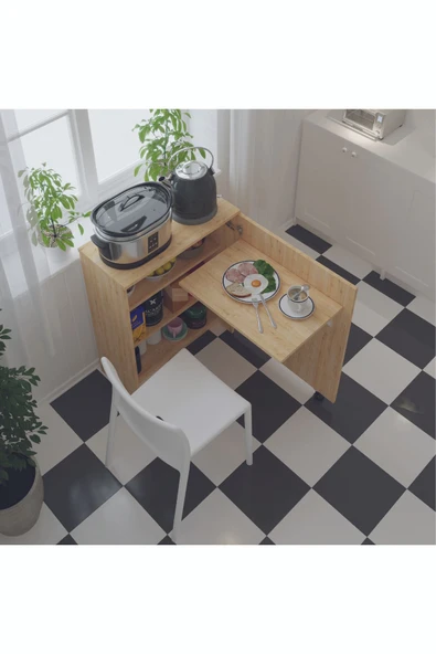 Mutfak Fonksiyonel Kiler Dolabı  Katlanır Masa  Safir Meşe ürün görseli