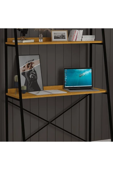 METAL KİTAPLIKLI ÇALIŞMA MASASI  Afrika Ceviz - Resim 5