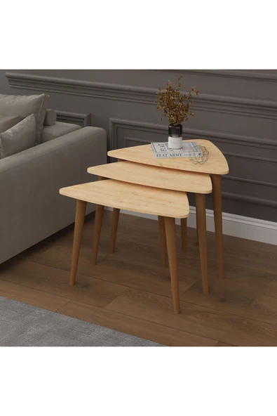 3’lü ÜÇGEN ZİGON SEHPA AHŞAP AYAKLI  SAFİR MEŞE - Resim 2