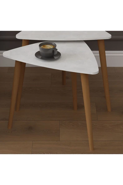 3’lü ÜÇGEN ZİGON SEHPA AHŞAP AYAKLI  RETRO TAŞ - Resim 5