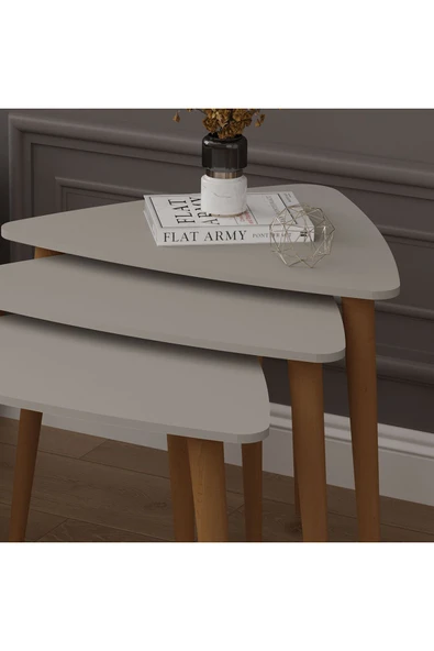 3’lü ÜÇGEN ZİGON SEHPA AHŞAP AYAKLI  KÜL GRİ - Resim 4