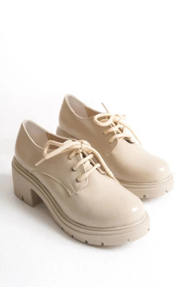 K-707 Bej Kırışık Rugan Yüksek Tabanlı Bağcıklı  Loafer Ayakkabı - Resim 4