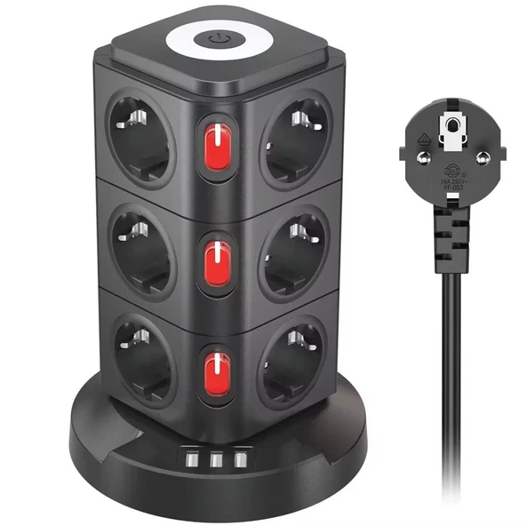 Dikey Kule Tipi Çoklu Priz  12 Priz Girişi, 3 USB Çıkışı, Anahtarlı, Güvenlik Korumalı