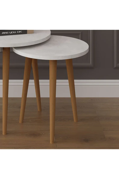 3’lü YUVARLAK ZİGON SEHPA AHŞAP AYAKLI  RETRO TAŞ - Resim 4