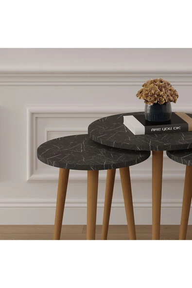 3’lü YUVARLAK ZİGON SEHPA AHŞAP AYAKLI  ROYAL MERMER - Resim 4