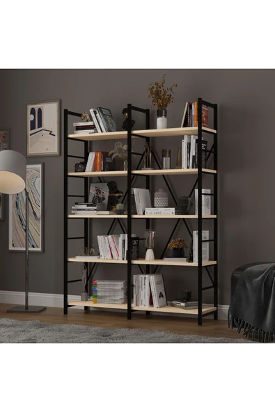 6 RAFLI METAL KİTAPLIK İKİ MODÜL  Akça Ağaç - Resim 2