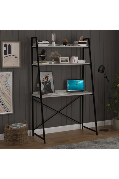 METAL KİTAPLIKLI ÇALIŞMA MASASI  Kül Gri - Resim 5