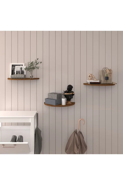 Doğal Modern Organizer Düzenleyici 3'lü Oval Dekoratif Kitaplık Banyo Mutfak Duvar Rafı  Ceviz ürün görseli
