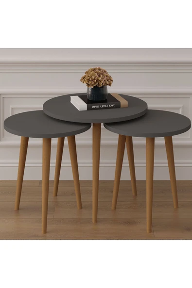 3’lü YUVARLAK ZİGON SEHPA AHŞAP AYAKLI  ANTRASİT - Resim 2