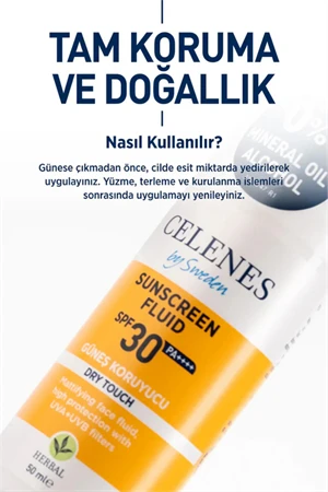 Celenes by Sweden Herbal SPF30 Fluid Dry Touch Güneş Kremi – Mat Bitişli, Bitkisel Formül, Yüz ve Dekolte Bölgesi İçin, 50 ml - Resim 3