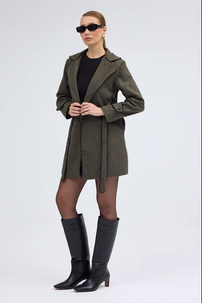 Kaşe Kadın Şık Tasarım Yaka Kaban ve Kemer - 7