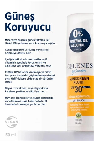 Celenes by Sweden Herbal SPF30 Fluid Dry Touch Güneş Kremi – Mat Bitişli, Bitkisel Formül, Yüz ve Dekolte Bölgesi İçin, 50 ml - Resim 2