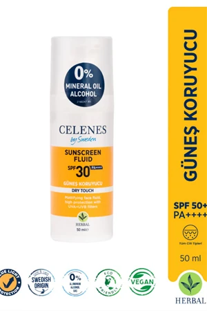 Celenes by Sweden Herbal SPF30 Fluid Dry Touch Güneş Kremi – Mat Bitişli, Bitkisel Formül, Yüz ve Dekolte Bölgesi İçin, 50 ml ürün görseli 1