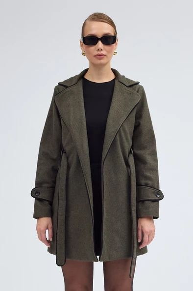 Kaşe Kadın Şık Tasarım Yaka Kaban ve Kemer - 3