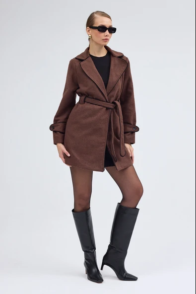 Kaşe Kadın Şık Yaka Kaban ve Kemer - 8