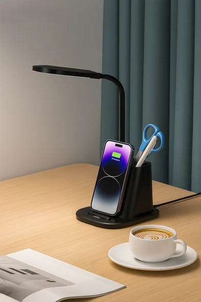 Güvenli Şarj ve Modern Tasarım 3’ü 1 Arada Kablosuz Şarjlı Masa Lambası Kalemlik - 5