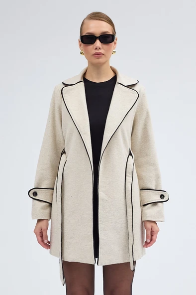 Kaşe Kadın Şık Yaka Kaban ve Kemer - 5