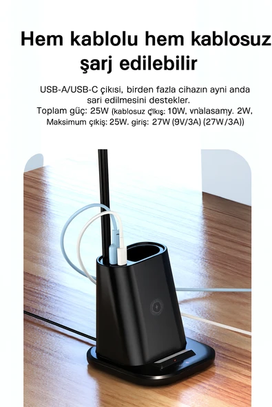 Güvenli Şarj ve Modern Tasarım 3’ü 1 Arada Kablosuz Şarjlı Masa Lambası Kalemlik - 3