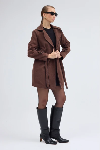 Kaşe Kadın Şık Yaka Kaban ve Kemer - 6