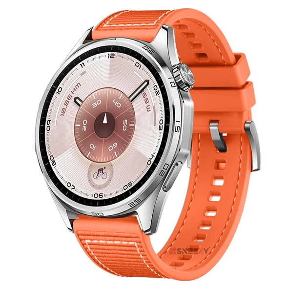 Sneezy Huawei Watch GT6 46mm İle Uyumlu Metal Tokalı Dikiş Desenli Dokuma Silikon Kordon  Turuncu