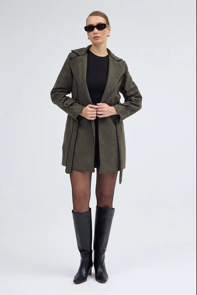 Kaşe Kadın Şık Tasarım Yaka Kaban ve Kemer - 6