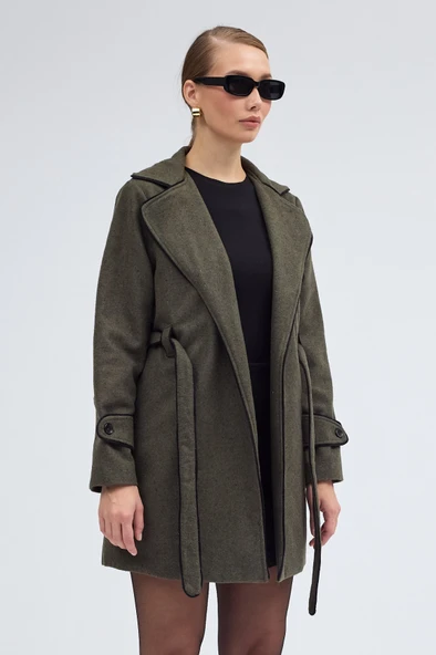 Kaşe Kadın Şık Tasarım Yaka Kaban ve Kemer - Resim 3