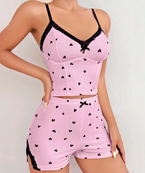 Arias Closet Pembe Kalp Desenli Askılı Şortlu Pijama Takım - 1