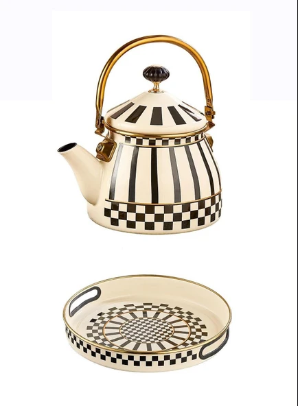 Prime Cream Emaye Bitki Çayı Demliği ve Emaye Servis Tepsisi 28 CM ürün görseli