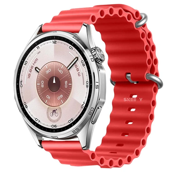Huawei Watch GT6 46mm İle Uyumlu Dalga Desenli Tokalı Yumuşak Ocean Soft Silikon Kordon  Kırmızı ürün görseli
