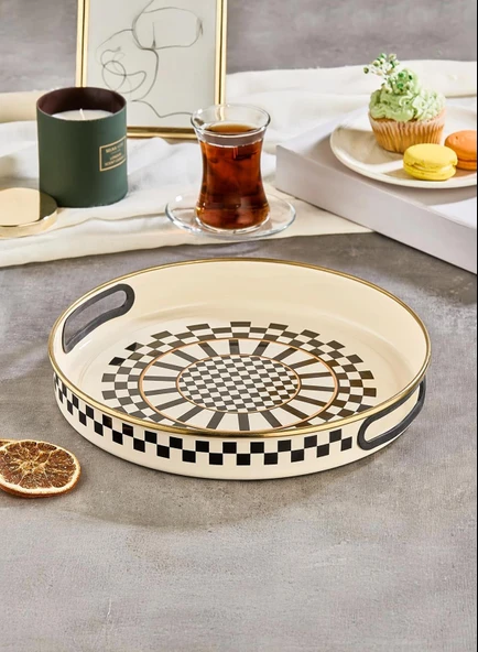 Prime Cream Emaye Ahşap Saplı Sosluk / Sütlük – 14 CM ve Emaye Servis Tepsisi 28 CM - 2
