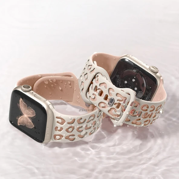 Samsung Galaxy Watch 6 7 Serisi ile Uyumlu Leopar Desenli Silikon Kordon Kayış  Bej - 5