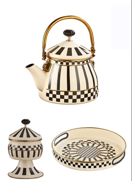 Prime Cream Emaye Bitki Çayı Demliği - Emaye Ayaklı Şekerlik ve Emaye Tepsi 28 CM - 1