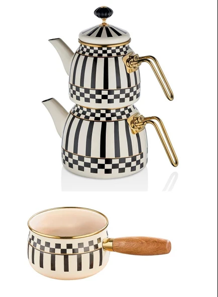 Prime Cream Emaye Çaydanlık Takımı ve Emaye Sosluk Sütlük 14 CM ürün görseli