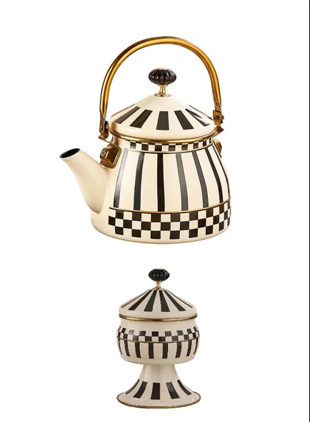 Prime Cream Emaye Bitki Çayı Demliği ve Emaye Ayaklı Şekerlik ürün görseli