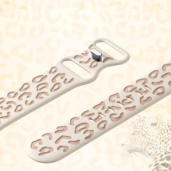 Samsung Galaxy Watch 6 7 Serisi ile Uyumlu Leopar Desenli Silikon Kordon Kayış  Bej - 4