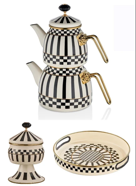 Prime Cream Emaye Çaydanlık Takımı - Emaye Ayaklı Şekerlik ve Emaye Tepsi 28 CM ürün görseli