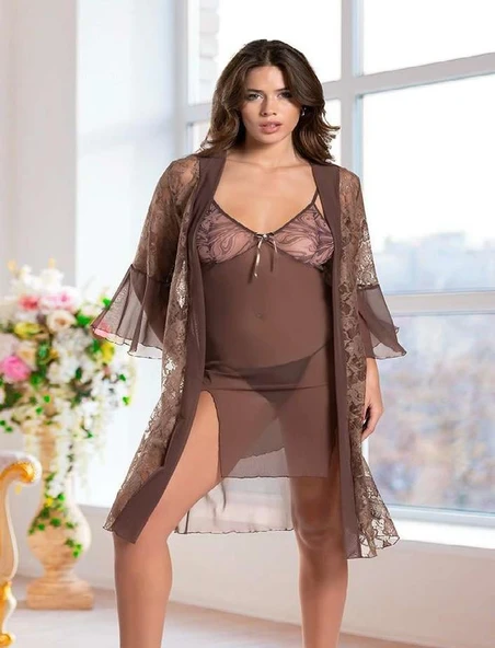 Arias Closet Haki Transparan Dantel İşlemeli Tül Yırtmaçlı 2li Gecelik Takımı ürün görseli