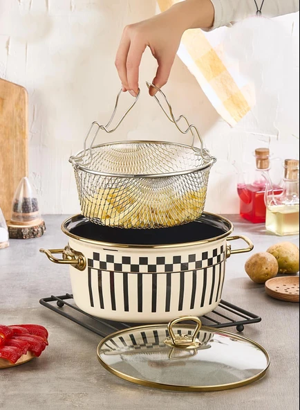 Emaye Çaydanlık - Ayaklı Şekerlik - Tepsi 28 CM -  Karıştırma Kabı ve Kızartma Tenceresi - Resim 8