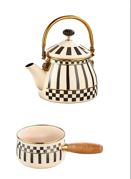 Prime Cream Emaye Bitki Çayı Demliği ve Emaye Sosluk Sütlük 14 CM ürün görseli